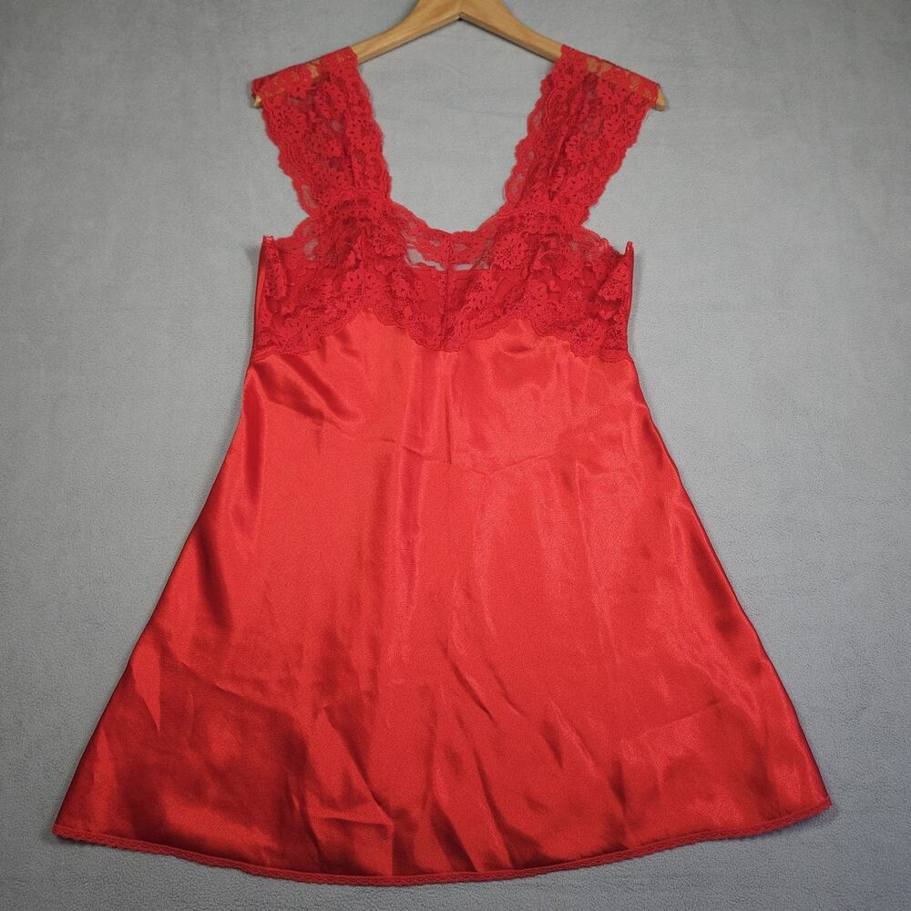 Vtg Val Mode Lingerie Slip Dress Womens Medium Red Lace Satin Danity Chemise